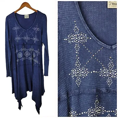 Vtg Vocal Assymetric Tunic Dress Size XL Waffle Knit Jewel Gypsy Blue Art Wear • $20.09