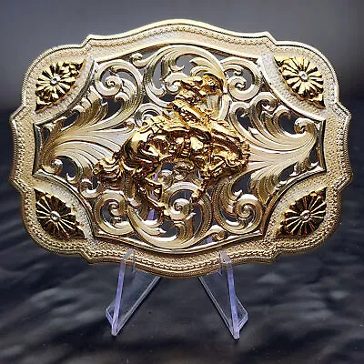 Western Large Silver & Gold Belt Buckle Montana Silversmiths Bucking Bronco 🐎 • $84.96
