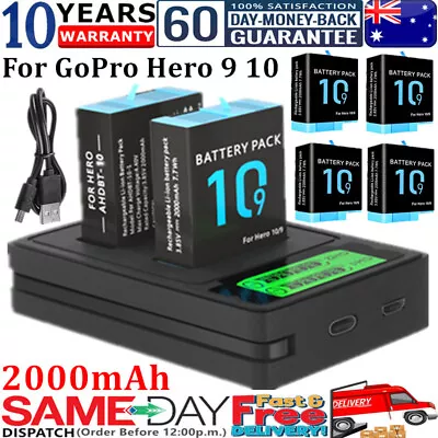 2-4 Pack 2000mAh Rechargeable Battery / Dual Charger For GoPro Hero 9 Hero 10 AU • $39.99