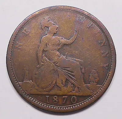 $17.99 • Buy Great Britain 1870 Penny VG+ Very SCARCE Date KEY Queen Victoria UK Bronze Coin