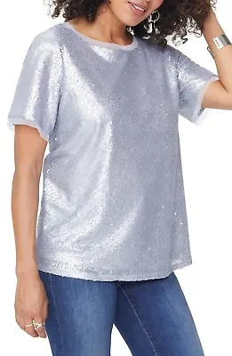 NYDJ Not Your Daughter's Jeans Size XS Silver Sequin Woven Top Short Sleeve  • $18.99