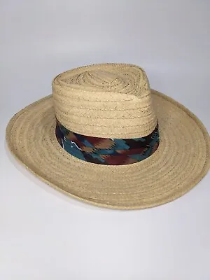 Vintage Country Gentleman Straw Panama Fedora Hat Wide Brim Colorful Band SZ M • $15.95