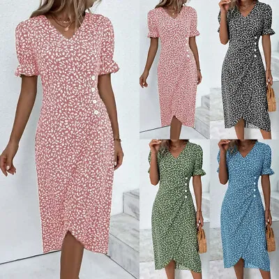 $19.79 • Buy Womens V Neck Floral Boho Midi Dress Lady Summer Casual Short Sleeve Sundress US