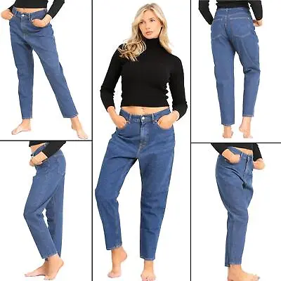 EX H&M Womens Mom Jeans Ladies Relaxed Fit High Waisted Blue Denim Trouser Pants • £9.99