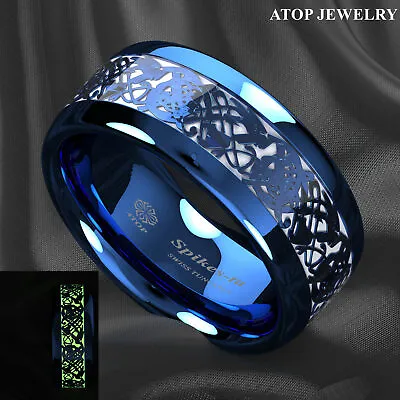 Blue Tungsten Ring Celtic Dragon Center Glow In The Dark ATOP Men Wedding Band • $14.99
