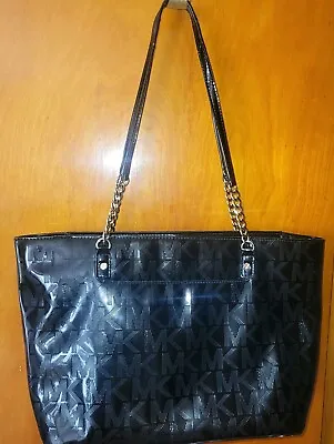 Michael Kors Patent Leather Black Jet Set Gold Chain Tote MK Signature Embossed • $24.99