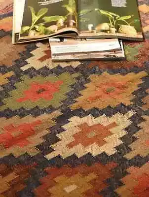 Kilim Rug Jute Wool Runner Vintage Handwoven Kilim Geometric Carpet Area Rug • £34.40