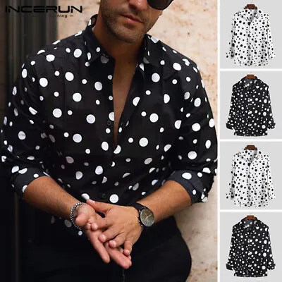 AU STOCK Men's Long Sleeve Shirt Polka Dot Printed Hippy Tops Button Up Blouses • $28.21