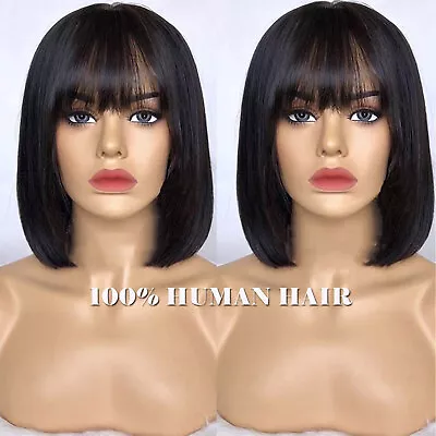 Straight Short Bob Wigs Top L Lace Wig 100% Human Hair Wigs With Bangs 10 12 14  • $51.80