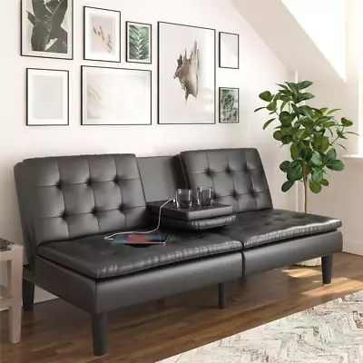 Memory Foam Futon With Cupholder And USB Black Faux Leather • $280.24