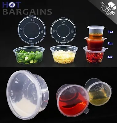 Disposable Hinged Lid Round Deli Pots | Takeaway Sauce Cups | Reusable Plastic • £8.99