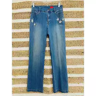 V Cristina Denim Jeans Women's Size 4 Blue Stretch Straight Rhinestones Stars • $19