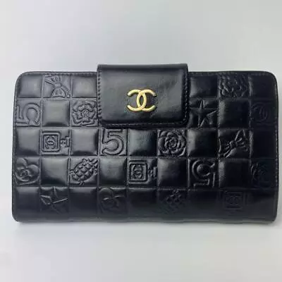 CHANEL Wallet Icon Line Embossed Black Leather Gold CC Logo With Box Authentic • $543.11