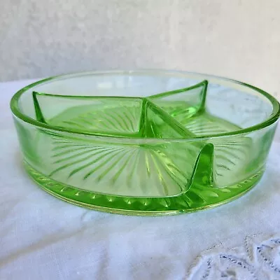 Vintage URANIUM Glass Green Vaseline 3 Section Divided Bowl 1.5  X 6.5  GLOWS! • $18