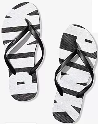 Victoria's Secret Pink Logo Black And White Flip Flops Sandals Nwt • $18