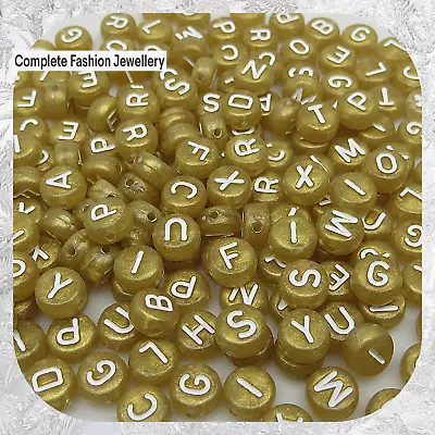 4x7mm Gold/white Coloured Alphabet A-z Flat Round Acrylic Beads/jewellery Making • £7.99