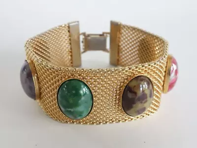 Sarah Coventry Mesh Bracelet Multicolor Egg Cabochon Gold Tone Signed Vintage • $19.95