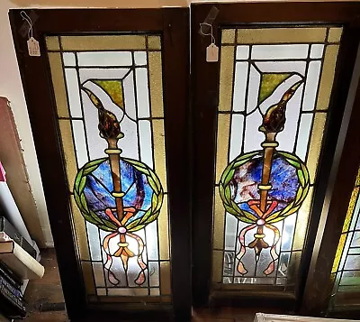 Pair Of Wonderful Antique Stained Glass Windows  - Each Is 17  X 40  • $1299.99