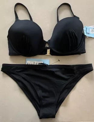 M&S Marks And Spencer Bikini Top & Bottoms In Black With Gold Clasps BRAND NEW • £4.99