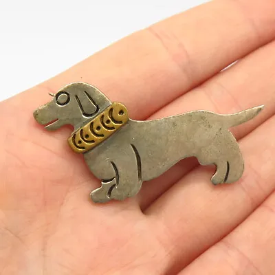 925 Sterling Silver 2-Tone Vintage Mexico Dachshund Dog Design Pin Brooch • £52.04