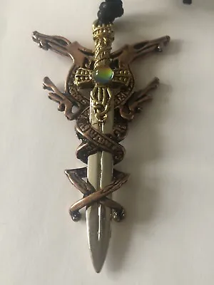 Vintage Cross Sword Dragon Opal Stone Gold Tone Pendant R.O.C New OSS • $24