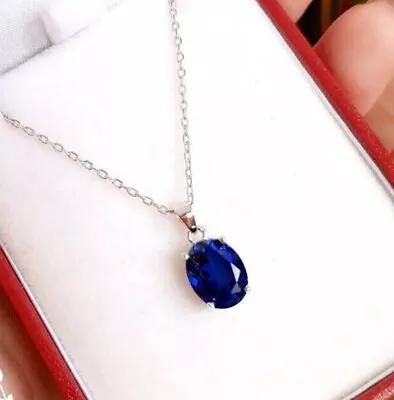 2Ct Oval Cut Lab Created Blue Sapphire Solitaire Pendant 14K White Gold Plated • $55