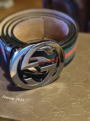 Authentic Gucci Web Green/Red Canvas Silver Interlocking G Buckle Belt BK 95/38. • $375