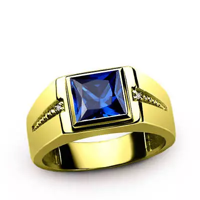 Men's 14K Yellow Gold Ring Square Sapphire And Natural Diamonds • $885