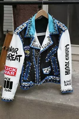 Men's White Blue Full Silver Studded Brando Style Punk Cowhide Leather Jacket • $229.99