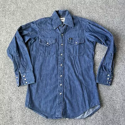 Lee Shirt Mens Medium Denim Western Pearl Snap Vintage USA Made Long Tail Tall • $32.99