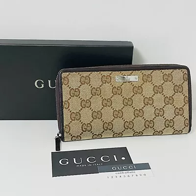 GUCCI Wallet GG Canvas Brown Leather Long Zip Around Coin Purse 112724 Black • $187