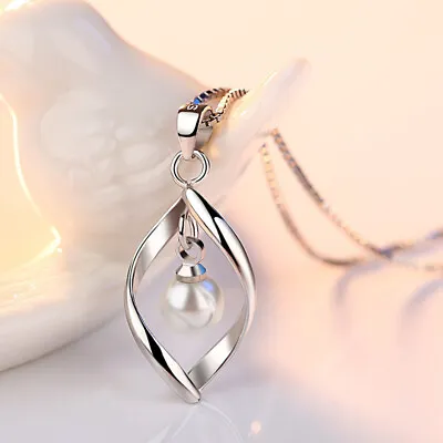 925 Sterling Silver Pearl Leaf Pendant Necklace Womens Simple Jewelry Gift J117 • $6.51