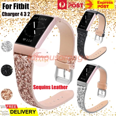 $19 • Buy Leather Watch Band Sequins For Fitbit Charger 4 3 2 Replacement Wristband Strap