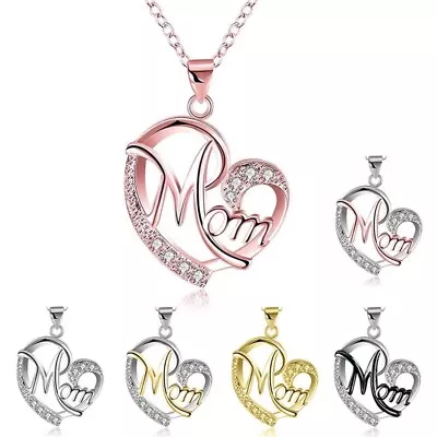 USA Mom Women Heart Crystal Rhinestone 925 Silver Chain Pendant Necklace Charm • $7.99