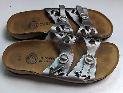 $12 • Buy Euro Wellness Balance Silver Leather Slides Womans Size 6.5/7