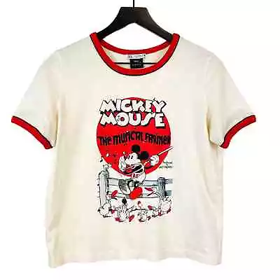 Zara (M) Womens Mickey Mouse Graphic Ringer Shirt Tee Cream • $15