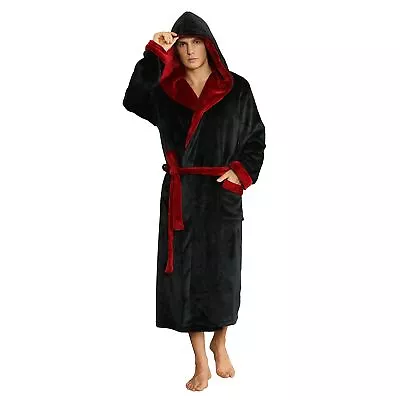 U2SKIIN Mens Fleece Hooded Robe Plush Bathrobe (Black/Dark Red L/XL) • $17.19