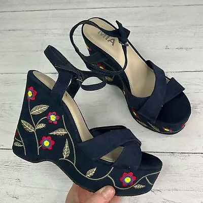 MIA Platform Blue Embroidered Sandals Wedges In Womens Size 7.5 • $29