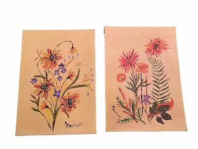 $25 • Buy Vintage Pair Of Flower Paintings By M Pawlicki On 5x7 Canvas Board Not Framed