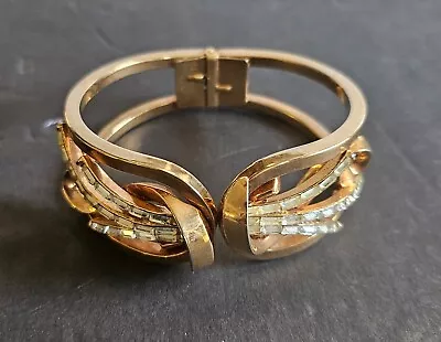 Vintage  Trifari Gold Tone Hinged Openwork Bangle W Clear Rhinestones • $10.50