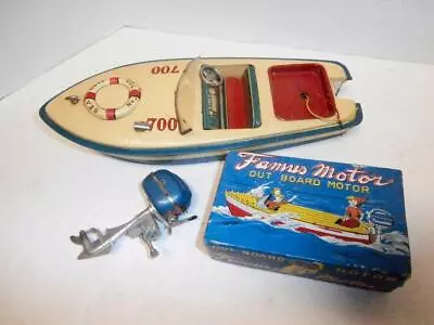 1950s VINTAGE FAMUS TOY BOAT MOTOR W/BOX + JAPAN TIN LITHO TOY SPEED BOAT NICE! • $51