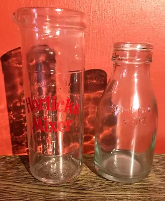 Glass Horlicks Mixer With Red Writing & School Milk Bottle 1/3 Pint Vintage • £8.99