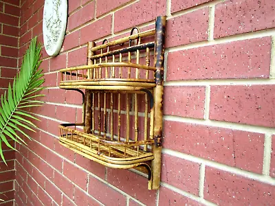 ANTIQUE 1920's CANE WALL SHELF - 2 SHELVES + HANGING PEGS - TIGER CANE BAMBOO • $115