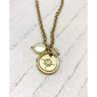 Vintage Necklace Gold Toned With Compass Design Dangle Faux Pearl And Clear Face • $16