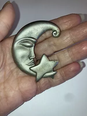 Wonderful Big Vintage Crescent Moon Brooch With Face & Star • $4.99