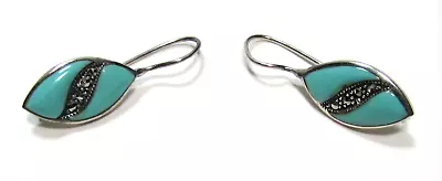 925 Sterling Silver Art Deco Marcasite & Turquoise Hook Earrings 4.7g - 1 3/8  • $29.99