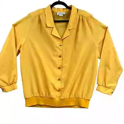 Vtg 80s Joanna Secretary Blouse Womens Sz XL Mustard 1980s Buttoned Pleated Top • $21.99