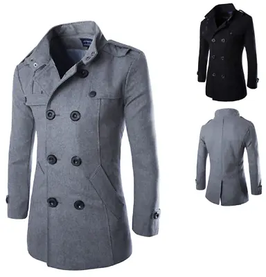 Men Wool Coats Casual Double Breasted Mid Length Jacket Warm Outdoor Party Dress • $56.26