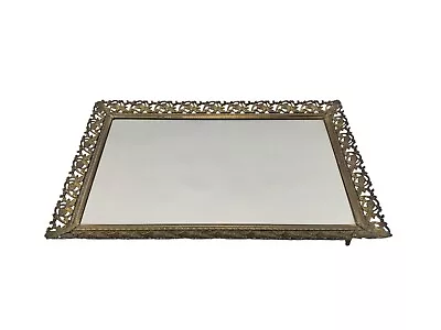 Vintage Mirror Vanity Dresser Perfume Tray Gold Filigree Leaf Ornate Metal Frame • $27.96