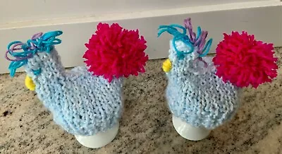 Boiled Egg Cosy Set Of 2  Hand Knitted - Funky Chickens  Light Blue & Pink • £3